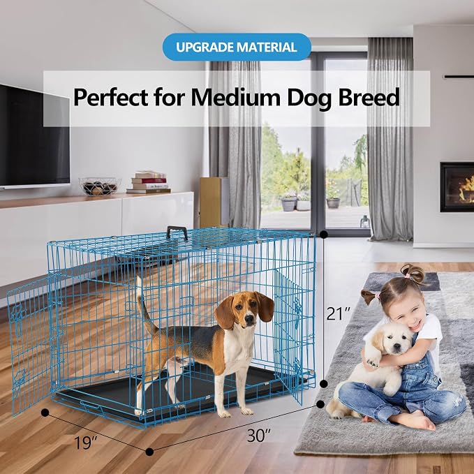 Foldable Dog Crate, 30 Inch, Blue, Portable, Easy to Clean, Safe and Secure Construction, Ideal for Travel and Indoor Use