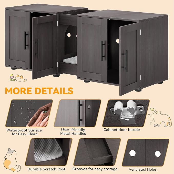 55" Cat Litter Box Enclosure Furniture, Wooden Hidden Litter Box Cabinet with Barn Door & Double Rooms, 3 in 1 Large Cat Litter Cabinet Pet Furniture for Living Room & Bedroom