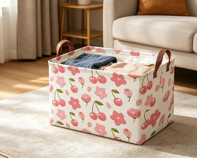 Rectangular Cherry Basket Girls Baskets Storage Bins Room Decor Cute Organizer Box(Cherry)
