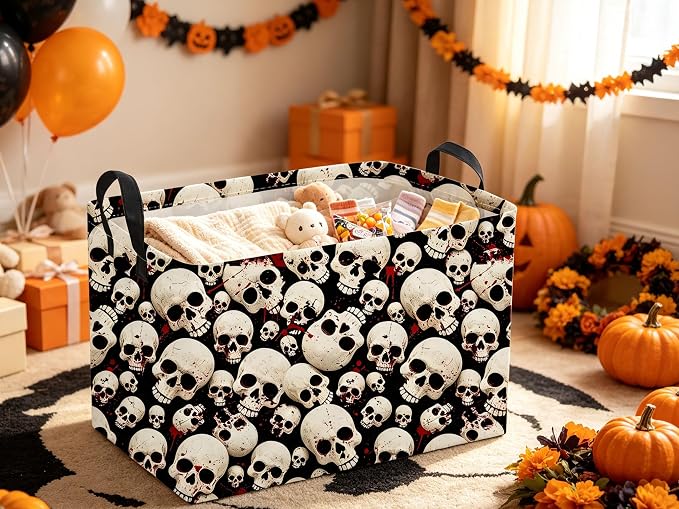 Sanjiaofeng Rectangular Gothic Skull Halloween Storage Basket,Empty Halloween Basket.Cute Baskets for Room Decor, Pumpkin Baskets with Handles.Books Bins,Gifts Box(Skull)