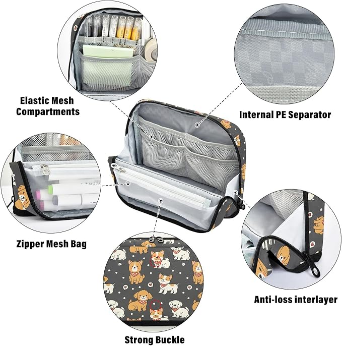 Emelivor Cute Pets Dogs Black Pattern Large Capacity Pencil Case Stand Up Pencil Pouch for School Office Aesthetic Pen Organizer Bag with Pockets Portable Stationery Bag for Teens Adults Kids
