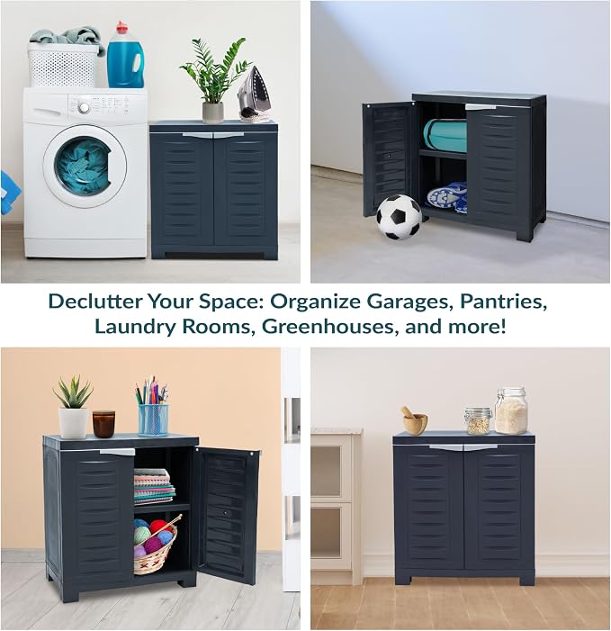 Sunnydaze 25.5" Garage Storage Cabinet with Adjustable Shelf, Charcoal | Heavy Duty Resin Storage Cabinet Resists Rust & Peeling, Easy-Clean Utility Cabinet with Doors for Garage, Closet, Office