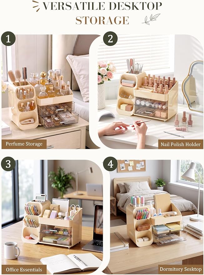 Large Makeup Organizer Countertop for Vanity Skincare Organizers Cream | Acrylic Cosmetic Display Case with Drawers Brush Holder, Dorm Bathroom Counter Organizer for Perfume, Nail Polishes, Lipstick