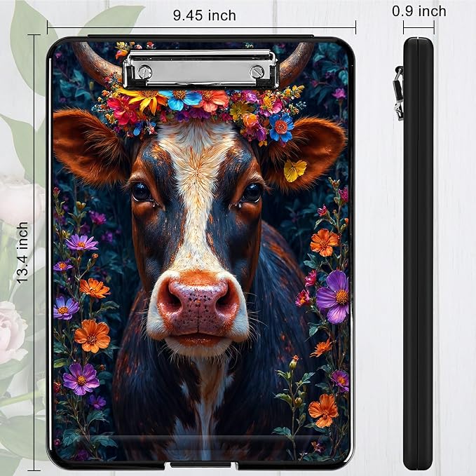 Heavy Duty Storage Clipboard, Slim Nursing Clipboard with Internal Pen Case, Portable File Organizer Case for A4 Letter Size Paper Office Medical Professionals, Black White Cow Flower