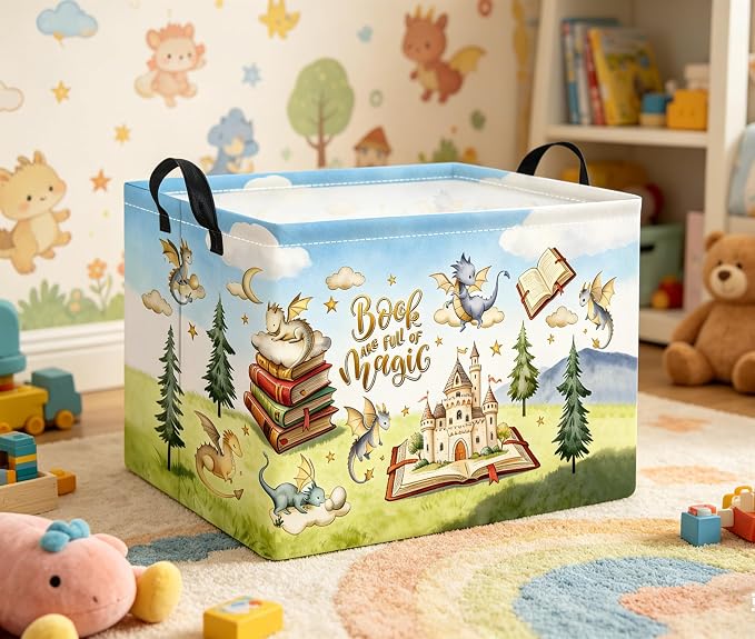 Rectangular Baby Kids Storage Basket for Home Kitchen Girls Cute Toy Storage Bin Organizer Shelf Book Room Decor(Magic Dinosaur)