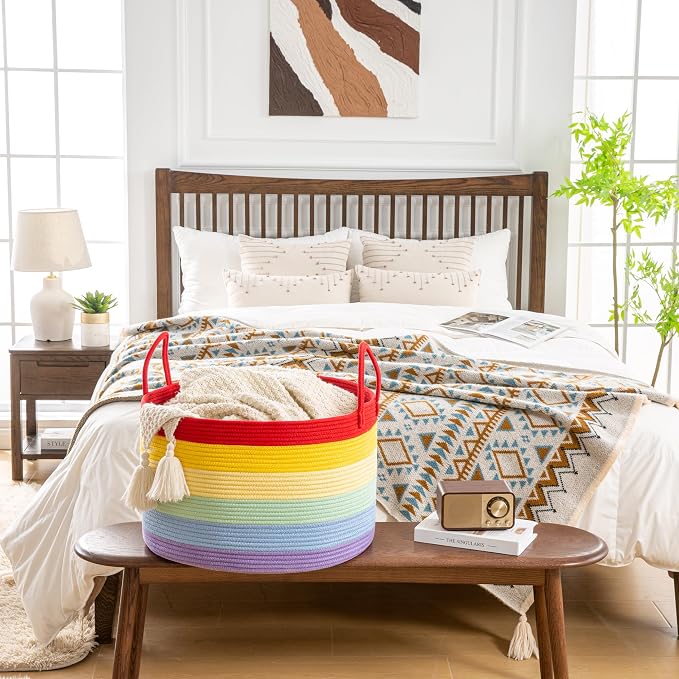 KAKAMAY Large Blanket Basket with Handles, Storage Basket for Living Room | Extra Large Capacity | Natural Cotton Rope | Blanket Storage | Woven Storage Basket | Stuffed Animal Storage | Laundry Basket
