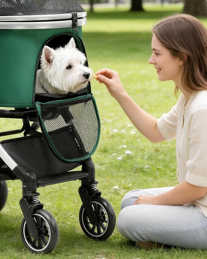 GTPLAYER Pet Stroller for Dogs & Cats, 3-in-1 Foldable Pet Strollers with Detachable Carrier, 360° Swivel Front Wheels & Rear Brakes, Up to 45 lbs, Green
