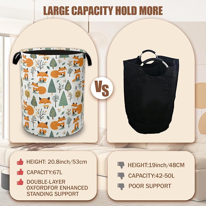 Laundry Basket Cute Fox Collapsible Laundry Baskets Waterproof Oxford Cloth With Handles,Forest Animal Laundry Hamper Clothes Storage Bucket Toy Organizer for Bathroom/Nursery/Bedroom 16" x 20.8"
