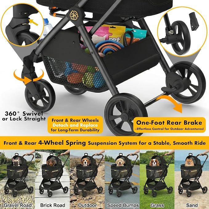 PAWZIDEA Pet Stroller 4-in-1, Foldable Dog Stroller with Detachable Carrier | Escape-Proof No-Zip Canopy, Portable Travel Crate & Car Seat Combo, for Small to Medium Dogs & Cats up 33 lbs, Storage Basket