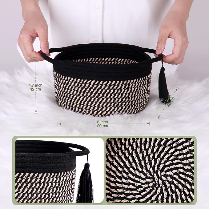 Small Gift Basket Empty to Fill, Gifts Bag & Ribbon, Dark Brown | Cute Decorative Mini Woven Rope Basket with Handles for Gifting; Reusable for Bathroom Counter or Desk Catchall, 8 x 4.7 in