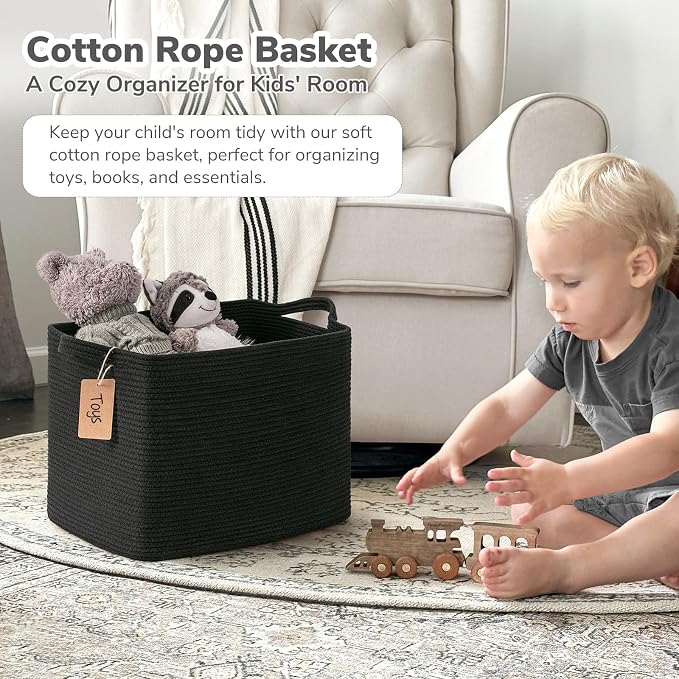 Goodpick 50L Large Woven Rope Storage Basket with Handles, Black | 18" × 14" × 12" Stylish Gift Basket for Living Room & Nursery Organization, Fits Blankets, Toys & Home Essentials Storage