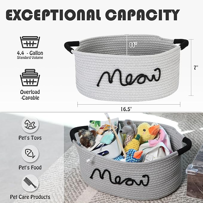 Sea Team Cat Toy Storage Basket with Handles, Gray Meow | Large Cotton Rope Storage Bin, Shelf Basket, Organizer for Pet Chew Toys, Foods, 16.5 x 11 x 7 Inches, 4.4 Gallons
