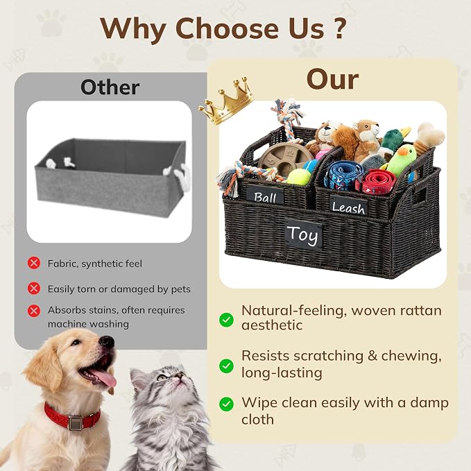 BROWNLILY Storage Box Set of 3, Black | Aesthetic Wicker Pet Storage Baskets with Chalkboard Labels - Low-Front Rattan Bins for Dog, Treats & Leash Organizer