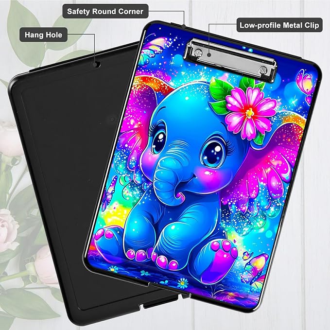 Blue Elephant Flowers A4 Clipboard with Storage Pen Holder, Clipboards Organizer Nursing Clipboard Foldable File Folder Plastic Clipboard Folio Clip Board for Office Students Classroom