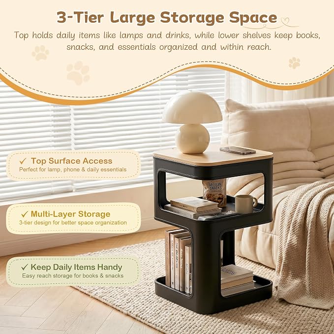 EUREKA ERGONOMIC Side Table Cat Beds, Square End Table with Cat House, Metal Nightstand with 3 Tier Storage, Modern Side Table End Beside Table for Living Room Bedroom Indoor, Easy Assembly, Black