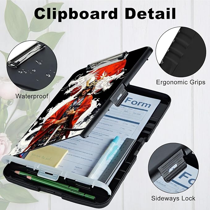 A4 Clipboard with Storage Pen Holder, Clipboards Organizer Nursing Clipboard Foldable File Folder Plastic Clipboard Folio Clip Board for Office Work Classroom Doctor, Warrior Dragon Sunset