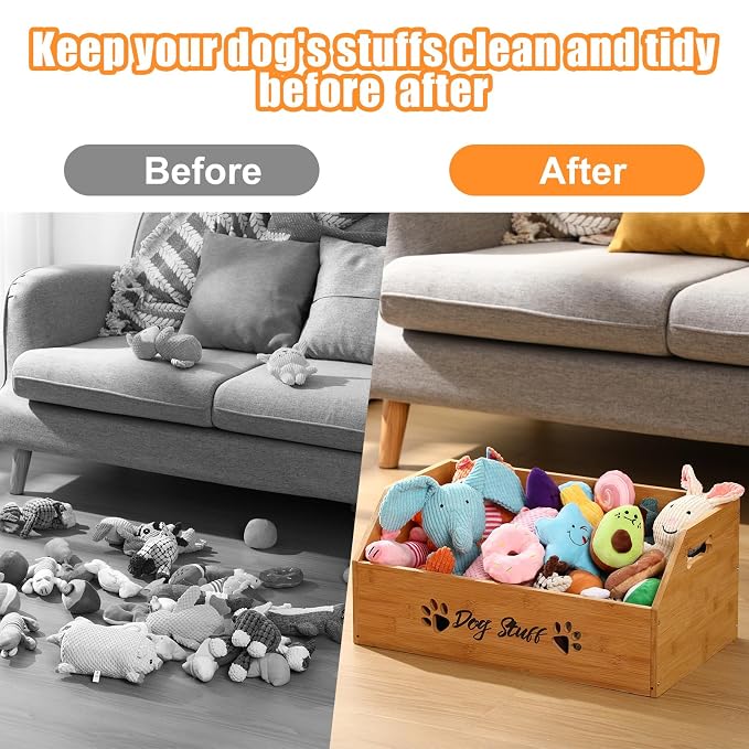Leinuosen Large Dog Toy Bin Basket, 20 Inch Large Stuff Toy Storage Basket Bin with Bone Handle Cutout Pattern Bamboo Container for Organizing and Storage Dog Leash Chew Toys(Natural, Undivided)