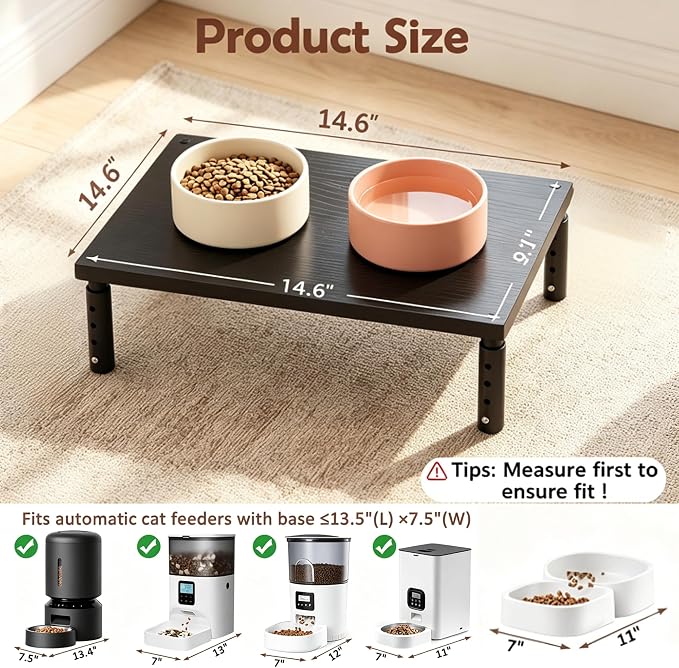 OPNICE Adjustable Cat Food Stand, Elevated Cat Feeder Stand with 4 Height Settings, Automatic Cat Feeder & Tradition Bowls, Raised Pet Feeding Table Station for Cats & Small Dogs, Black 2-Pack