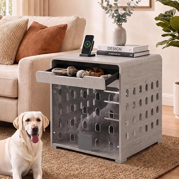 Modern Dog Crate Furniture Wooden Kennel Charging Station End Table Grey | Nightstand, Dog Cage Indoor, up to 110 lb, Flip-Up Acrylic Door, Storage Drawer, for Large Medium Dogs, Living Room Bedroom