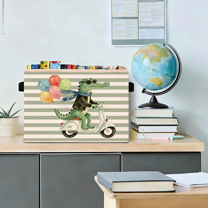 Alligator Scooter Storage Bin, Green Stripe Foldable Fabric Basket | Cute crocodile scooter collapsible fabric organizer for nursery, bedroom, playroom, toys, books, and clothes