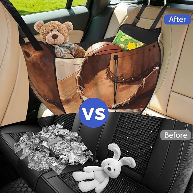 Harmonica Cowboy Hat Car Seat Organizer-Backseat Storage Bag for Travel | Waterproof Durable. Holds Snacks Gear Essentials. Fits Most Cars.