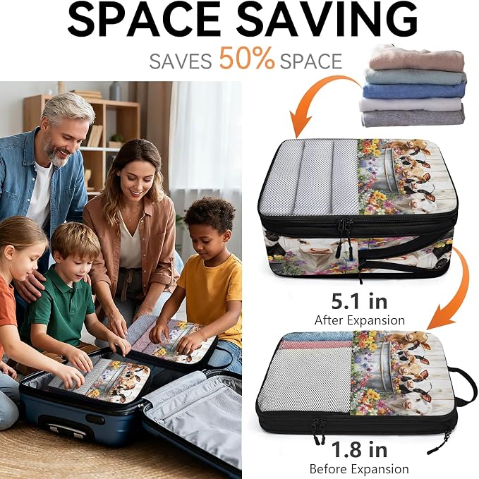 Cute Cow 6 Set Compression Packing Cubes Farmhouse Rustic Cow Flower Expandable Packing Organizer for Travel Accessories Luggage Suitcase Bag