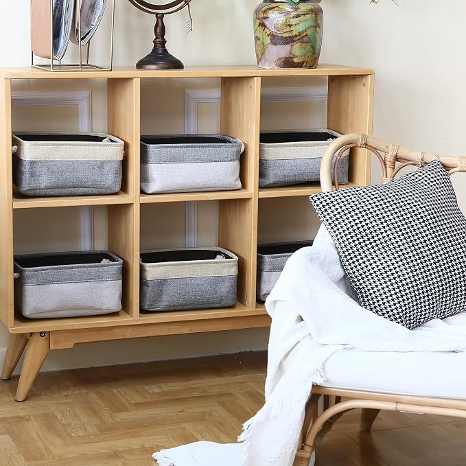 Sea Team Compact Rectangle Canvas Open-Top Storage Baskets, 3-Pack | Collapsible Fabric Storage Bins with Handles, Closet Shelf Organizers, 12 x 8 x 5 Inches, Gray & Beige