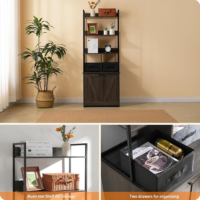 Dwanton Cat Litter Box Enclosure, 3 Storage Shelves and 2 Drawers, 61.8" H | 2-in-1 Hidden Cat Litter Box Enclosure Furniture with Shelf, Metal Frame, Reversible Entrance, Washable Drawers, Dark Grey