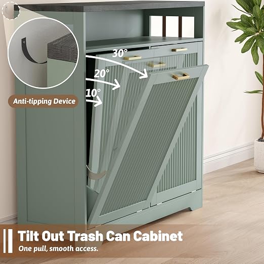 Pet-Proof Double 13 Gallon Tilt Out Trash Can Cabinet with Open Storage – Hide Garbage & Recycling Bins to Keep Your Kitchen Clean and Organized,Green