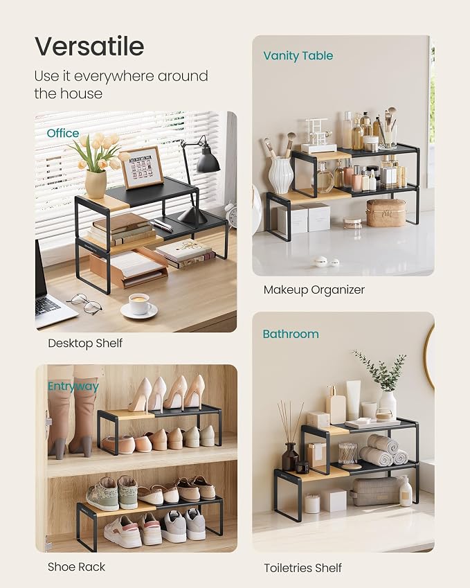 SONGMICS HOME Spice Rack, Expandable Cupboard Shelf Orgnizer,Bamboo | Kitchen Counter Shelves, Bamboo and Steel, Stackable, Ink Black, BYSTRO Collection UKCS051B01