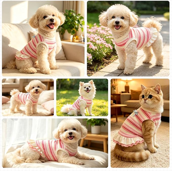 Striped Small Dog Dress Cute Pink Girl Dogs Cats Clothes, Pink S