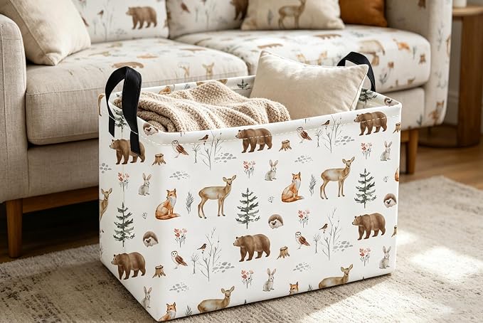Essme Rectangular Animal Basket,Kids Storage Bins Organizer with Handles for Woodland Room Decor, Gift Basket,Shelf Basket.(Woodland Animal)
