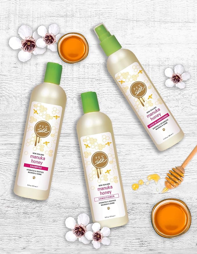 Pet Silk New Zealand Manuka Honey Shampoo, Specially Formulated to Provide Improved Hydration, Shine, Nourishment, and Soothing The Coat, Gentle for All Pets, Infused with Honey, Jojoba Oil (16oz)
