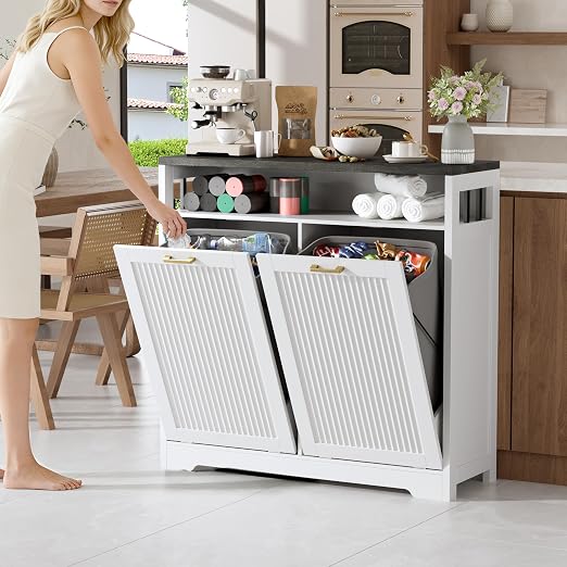 Pet-Proof Double 13 Gallon Tilt Out Trash Can Cabinet with Open Storage – Hide Garbage & Recycling Bins to Keep Your Kitchen Clean and Organized,White