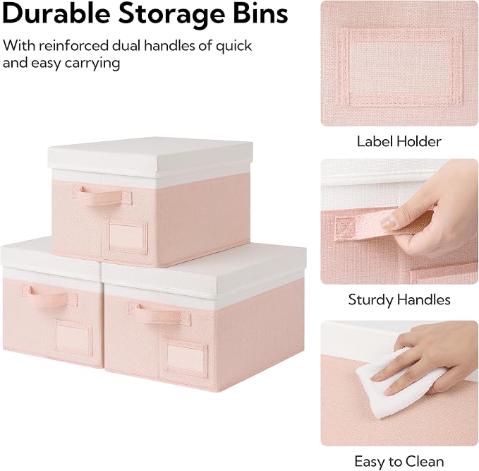 GRANNY SAYS Storage Bins with Lids, Decorative Storage Boxes with Lids | Storage Box with Dust Cover, Handles & Lable, Collapsible, Ideal for Closet Clothes Blanket Toys, Medium, White&Pink, 3-Pack