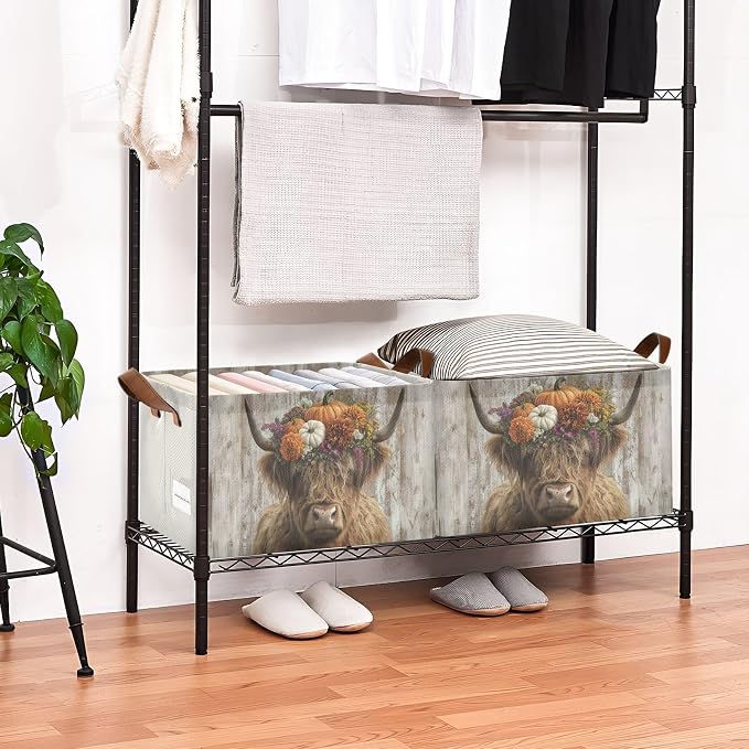 Rustic Pumpkin Fall Highland Cow Storage Basket Foldable Cube Storage Bins with Handles&Label Waterproof Organizer Box Bin Large Rectangle Decorative Baskets for Shelves Home Room Laundry Party