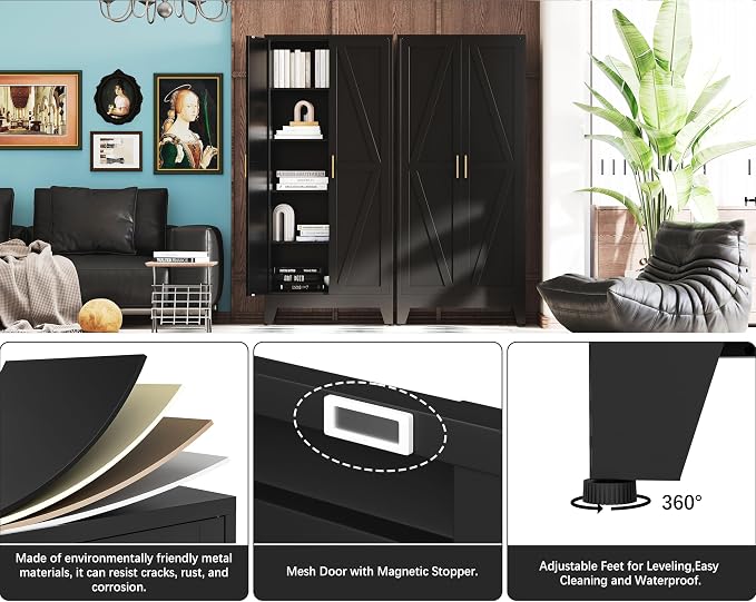 71" H Metal Garage Storage Cabinets,Black Storage Cabinets,Broom Closet Storage Cabinet,Utility Cabinet,