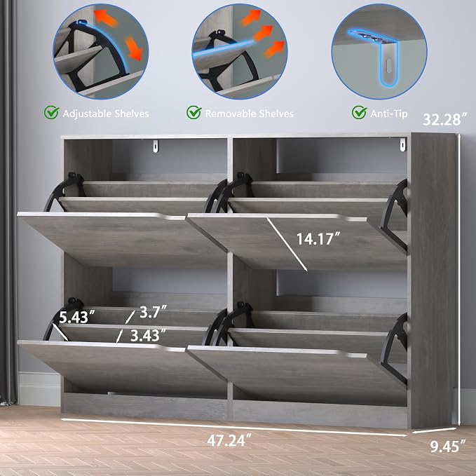 BORNOON Shoe Cabinet with 4 Flip Drawers, Narrow Hidden Shoe Storage Cabinet, Slim Freestanding Shoe Rack Organizer for Entryway, Hallway, Bedroom, Living Room