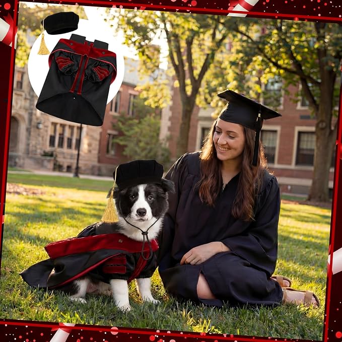 Huhumy 3 Pcs Dog Cat Graduation Doctoral Costume Set, 2026 Pet Phd Graduation Cap and Deluxe Doctoral Gown with Hood Side Tam Puppy Kitty Dogs Grad Holiday Party Costume Accessory(Red,L)
