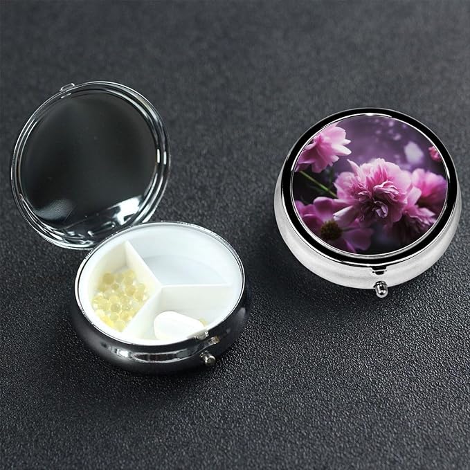 Round Pill Box Pink Flowers Pill Case for Purse & Pocket 3 Compartment Pill Organizer Portable Travel Pillbox Medicine Pill Holder Container for Daily Vitamin Cod Liver Oil Storage
