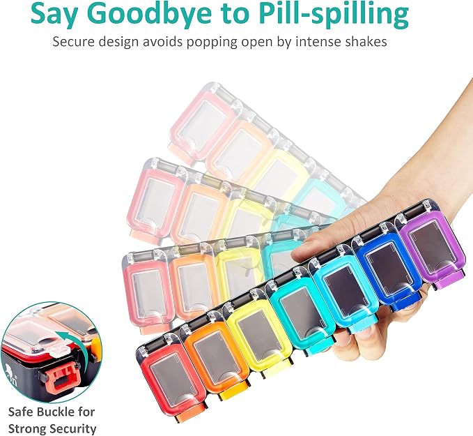 Fullicon Moisture Proof Pill Organizer 7 Day, Pill Box, Rainbow Black | Each Compartment Holds Up to 40 Small or 15 Large Capsules, 10 Tablets, or 9 Fish Oils, Spill Proof, Color Coded, BPA Free