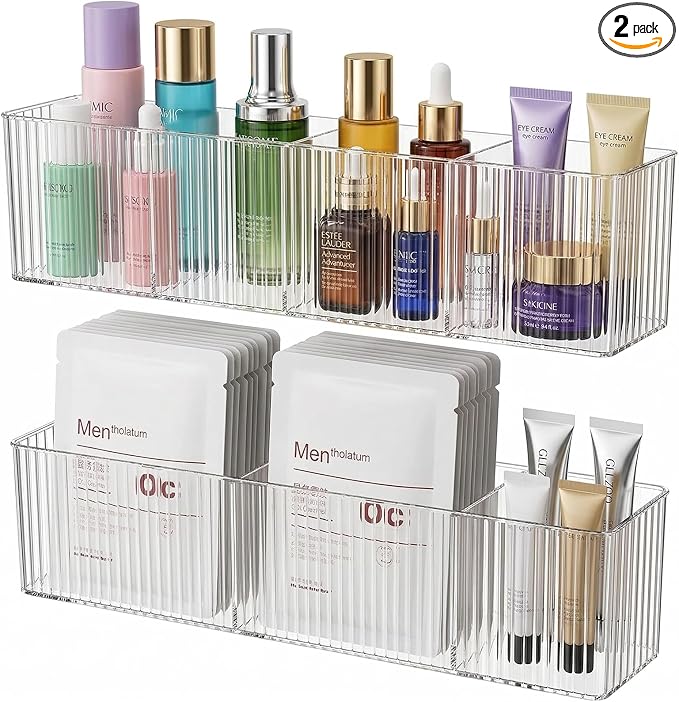 Osuke 2 Pack Clear Shower Caddy & Bathroom Counter Organizer, Slim 2.3" Adhesive Wall Mount Shower Shelves with 3 Compartments, Fluted Bathroom Organizers and Storage for Skincare
