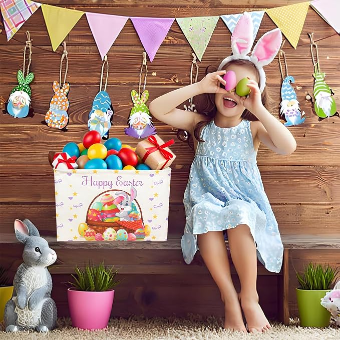 Easter Basket for Kid Large Empty Baby Rectangular Cute Easter Gift Storage Basket Bunny Eggs Décor (Rabbit Purple Bow Tie)