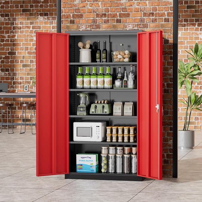 Greenvelly Metal Storage Cabinet, 72" Black Locking Metal Garage Storage Cabinet with Doors and 4 Adjustable Shelves, Lockable Steel Cabinet for Home Office, Garage, Shop, School (Red 36" W x 18" D)