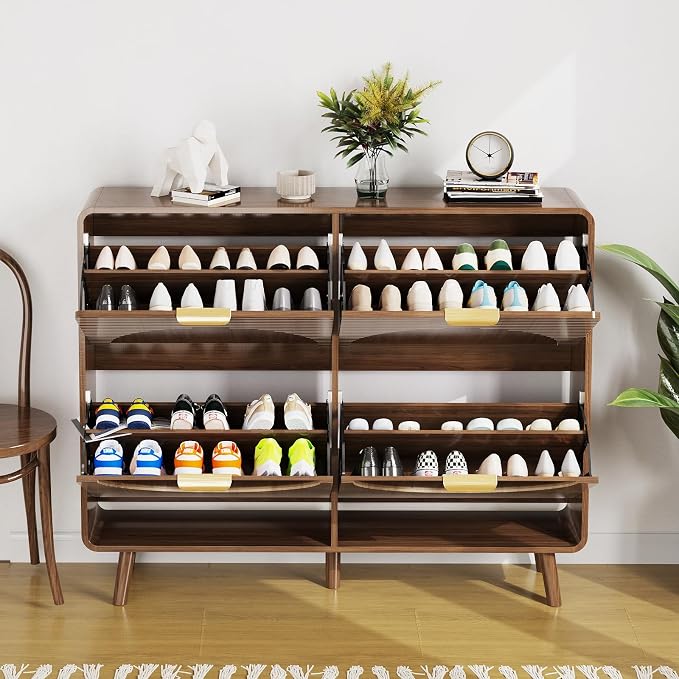 Shoe Storage Cabinet with 4 Flip Drawers for Entryway, 47.4" Freestanding Hidden Shoe Rack Cabinet, Narrow Shoe Organizer for Hallway, Foyer (Walnut, 4 Doors)