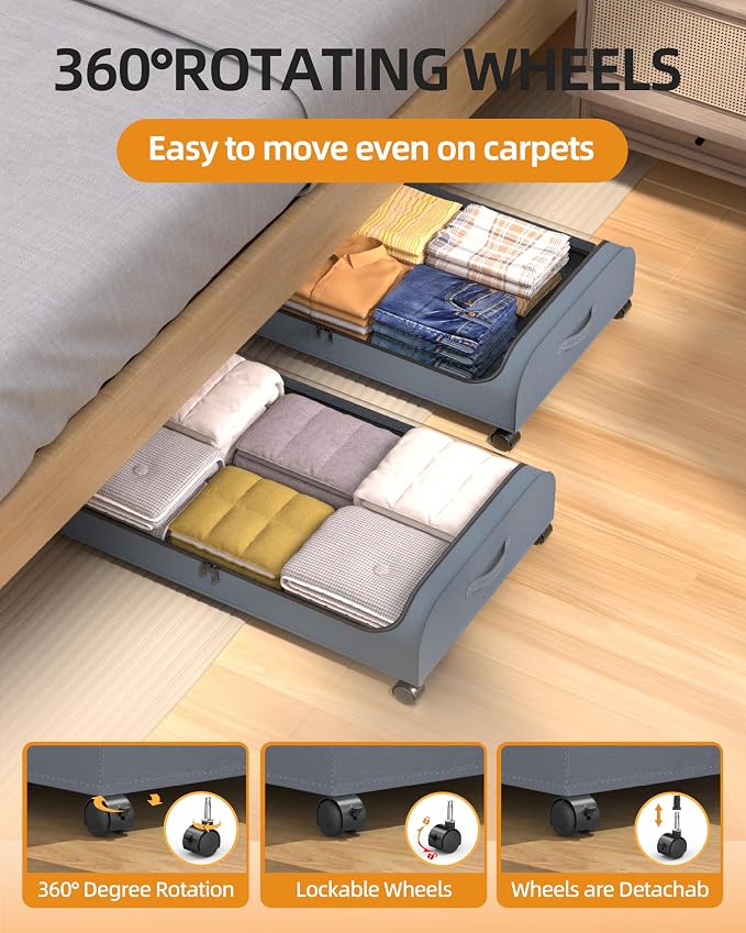 Under Bed Storage with Wheels, 4 Pack Curved Under Bed Storage Containers, 60L Under The Bed Storage Bins, Rolling Under The Bed Storage Metal Drawer for Clothes, Blankets, Shoes-Gray