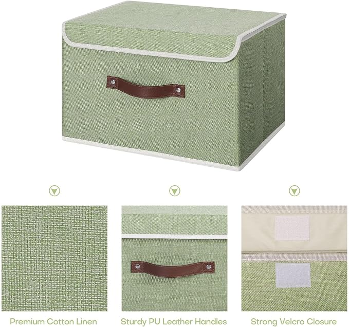 ANMINY Fabric Storage Box Bins with Lids, Green, 13"x9"x7.9", 2 Pack | Keepsake Memory Storage, Cotton Linen, PP Board Reinforced, Washable, PU Handles, Foldable & Stackable, Decorative, Medium