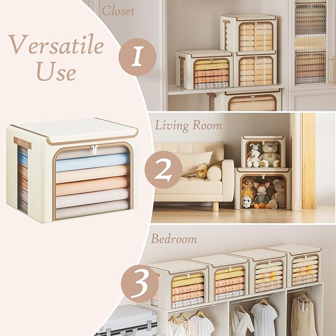 Yecaye Clothes Storage Bins with Lids & Clear Window, Beige, 40L, 3 Pack | Metal Frame, Foldable, Organizer Box Zippers & PU Leather Handles