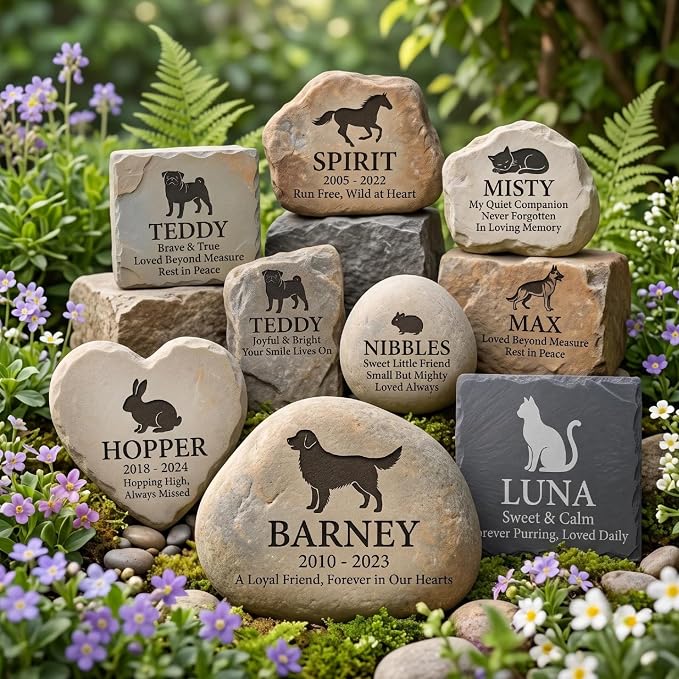 Personalized Pet Memorial Stones - Custom Deep Engraved Dog & Cat Headstone Grave Marker | Natural Stone Pet Marker with Name, Date & Quotes (Icon & Name & Date)