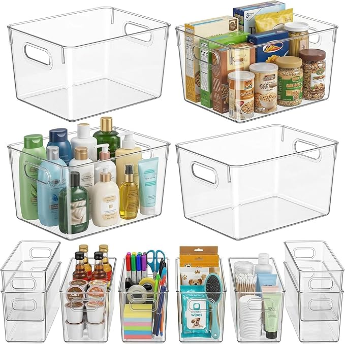 MOONEDGE Set of 12 Clear Plastic Storage Organizer Bins, 4 Large & 8 Small | Under-Sink Storage Containers, Bathroom, Kitchen, Fridge, Cabinet Organization, Clear Bins for Organizing, Small Storage Bins